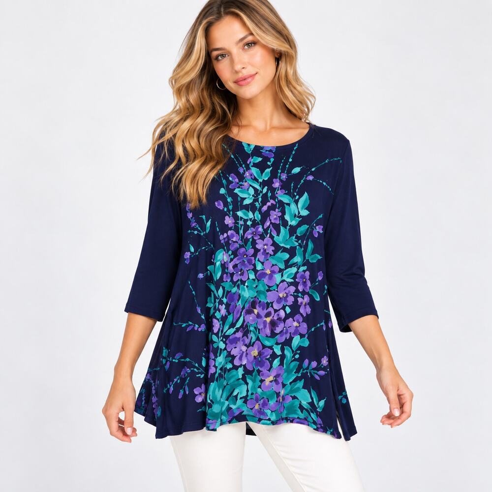 Susan Graver Liquid Knit Blouse Women's Size 3X Navy Floral Embellished Cottage